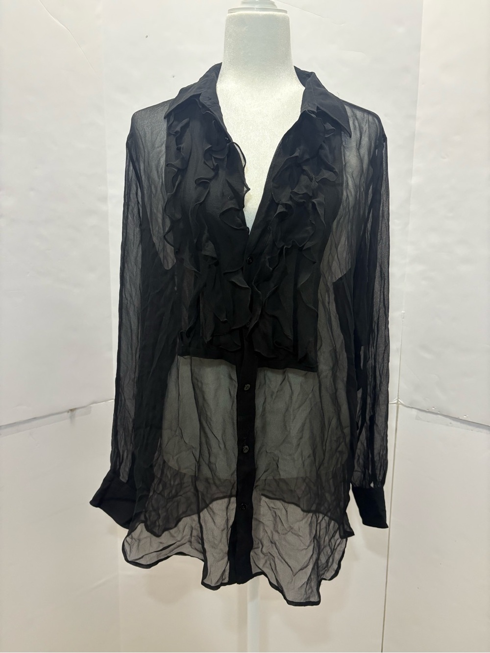 Polo Ralph Lauren Black Sheer Ruffle Blouse Long Sleeve Button Sz L